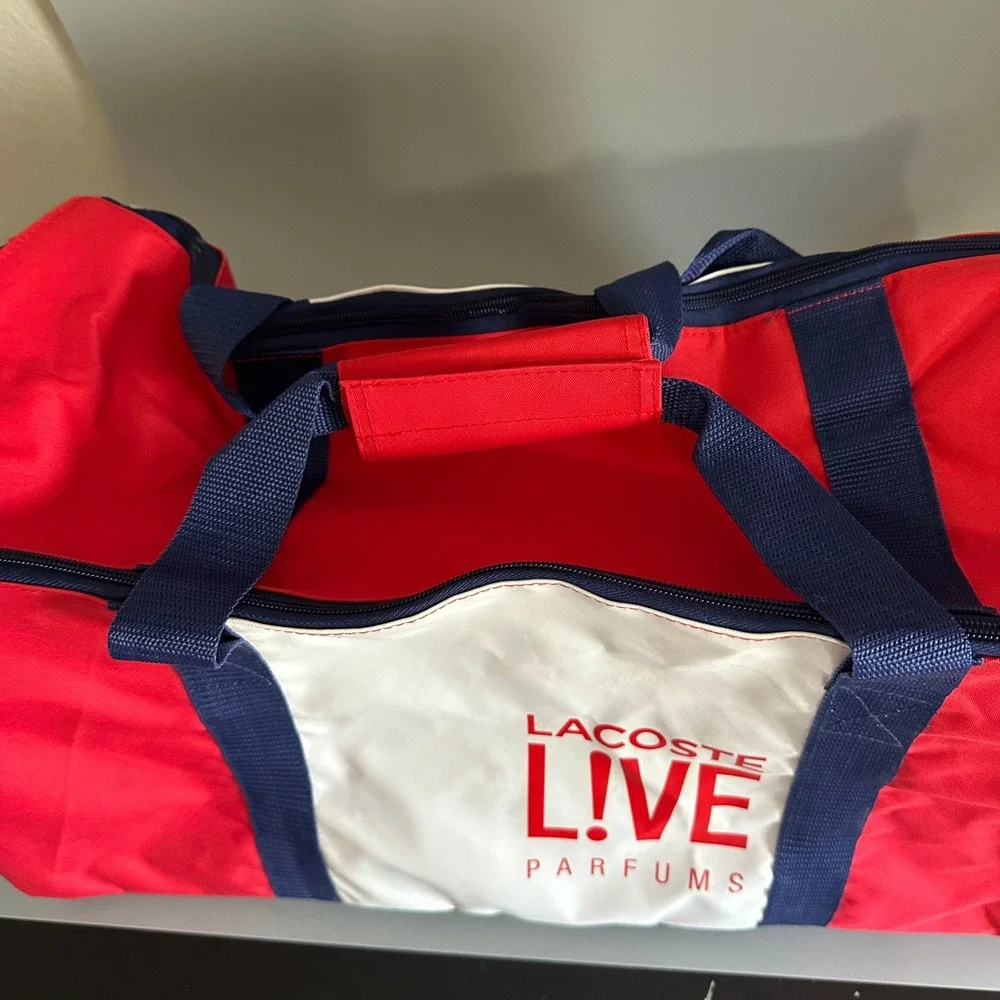 Lacoste L!VE Parfums Red White Blue Duffel Bag Travel Gym Weekender Strap
